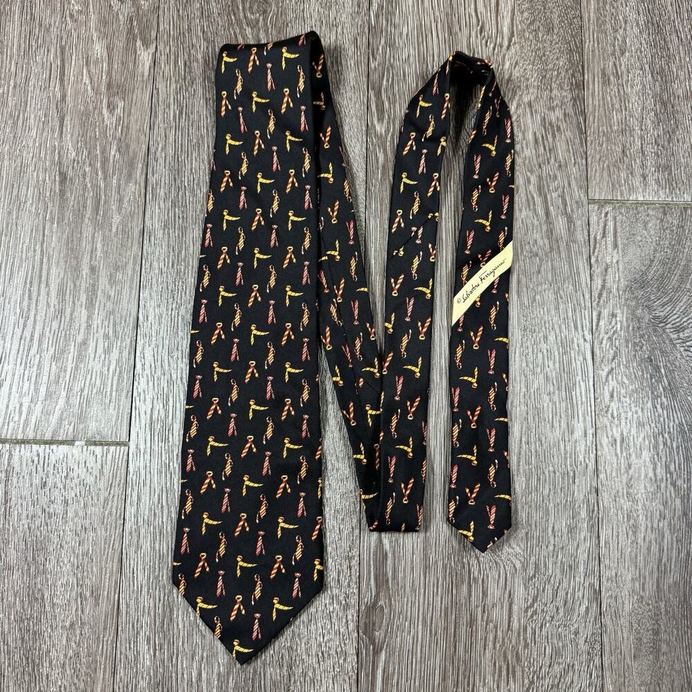 SALVATORE FERRAGAMO Neck Ties Print Black Silk Tie